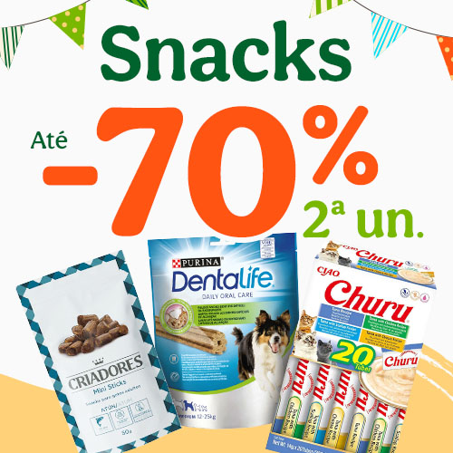 Até 70% de desconto na 2.ª unidade em snacks para animais de companhia.