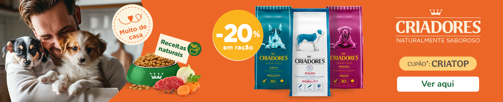 20% de desconto numa seleção de rações para cães da Criadores