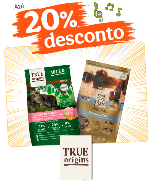 True Origins: Até 20% de desconto em ração, +30% de desconto em packs de húmidos e até 50% de desconto em snacks para o seu patudo.