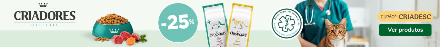 25% de desconto em sacos selecionados de ração Criadores Dietetic para gatos