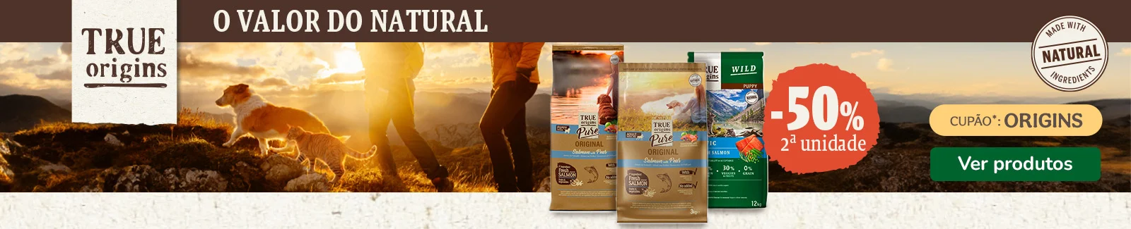 True Origins Pure e Wild: Até 50% de desconto na 2.ª unidade de ração para cães.