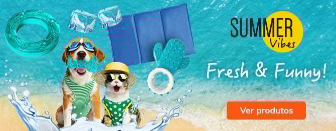 Especial Verão Tiendanimal: descubra produtos essenciais para o bem-estar do seu patudo nos dias quentes. Promoções em acessórios e brinquedos de verão para cão e gato.