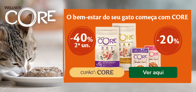 Wellness Core: 40% de desconto na 2ª unidade de ração e 20% de desconto em alimentação húmida para gato.
