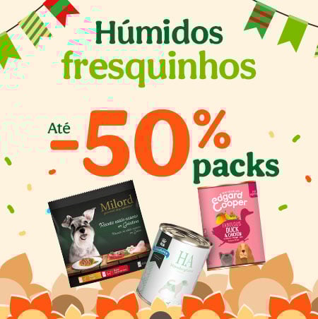 Até 50% de desconto em packs de comida húmida para cão. Alimentação saborosa e equilibrada para o seu patudo.
