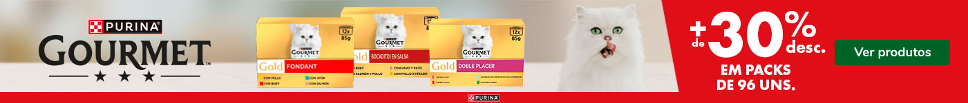 Mais de 30% de desconto em packs de alimentação húmida da Gourmet para gato.