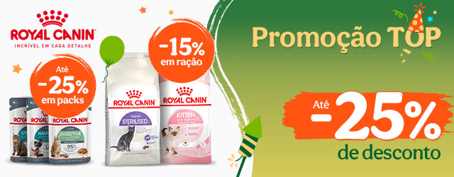 Até 15% de desconto numa seleção de ração e até 25% de desconto em packs de alimento húmido para gato da Royal Canin.