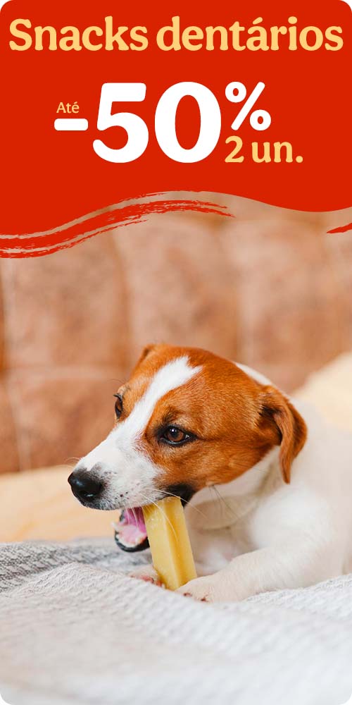 Até 50% de desconto na 2ª unidade de snacks dentários para o seu patudo.