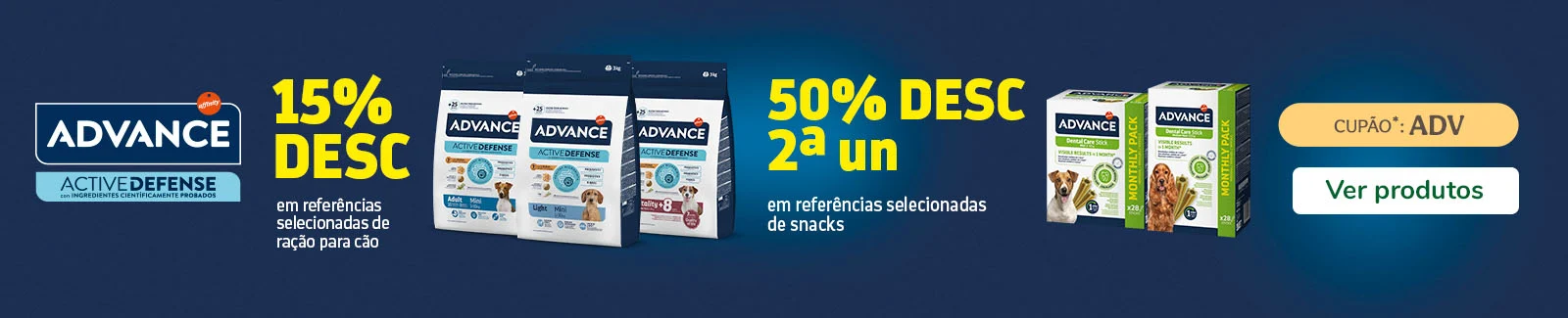 At&eacute; 15% de desconto numa sele&ccedil;&atilde;o de ra&ccedil;&atilde;o e at&eacute; 50% de desconto na 2&ordf; unidade numa sele&ccedil;&atilde;o de snacks da Advance para c&atilde;o e gato.