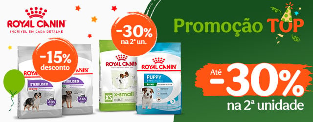 Royal Canin: 15% de desconto em ração para cães e 30% de desconto na 2.ª unidade de ração para cães.