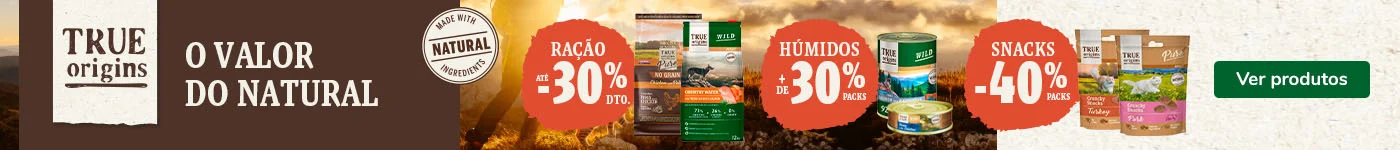 True Origins: Até 30% de desconto em ração, mais de 30% de desconto em húmidos e 40% de desconto em snacks.