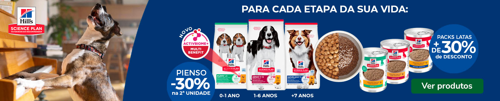 Hill's Science Plan: 30% de desconto na 2&ordf; unidade de ra&ccedil;&atilde;o e +30% de desconto em packs de h&uacute;midos para c&atilde;o.