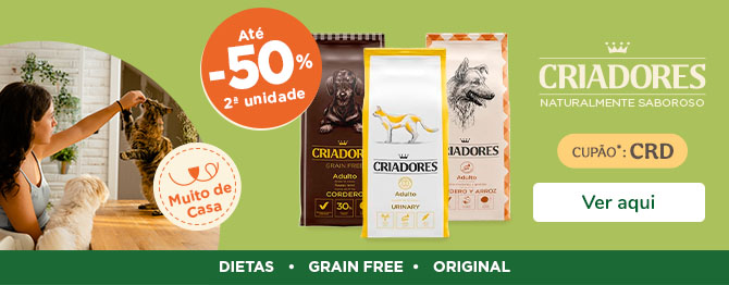 50% de desconto na segunda unidade numa seleção de ração para cães e gatos da marca Criadores, promoção especial Tiendanimal.