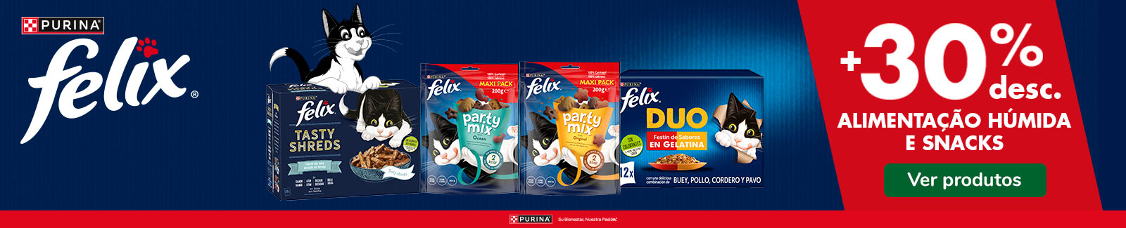 Mais de 30% de desconto em packs de alimenta&ccedil;&atilde;o h&uacute;mida e snacks da Felix para gato.