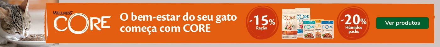 Wellness Core: 15% de desconto em ração e 20% de desconto em packs de alimento húmido para gato.