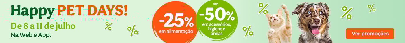 Os Happy Pet Days estão de volta com até -25% em alimentação e até -50% numa seleção de acessórios, higiene e areias.