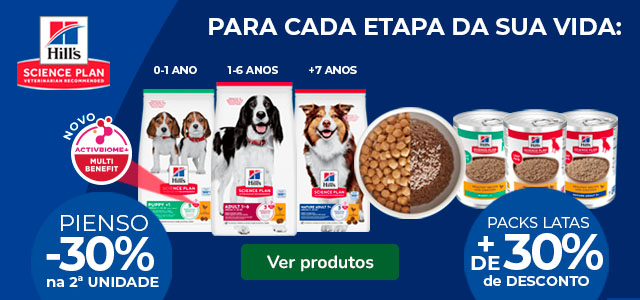 Hill's Science Plan: 30% de desconto na 2ª unidade de ração e +30% de desconto em packs de húmidos para cão.