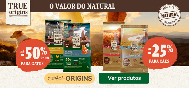 True Origins: Até 25% de desconto em cão e até 50% de desconto em gato.