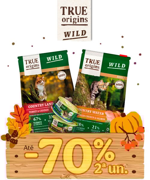 True Origins Wild: 70% de desconto na 2ª unidade de ração e mais de 30% de desconto em packs de húmidos para  gato.