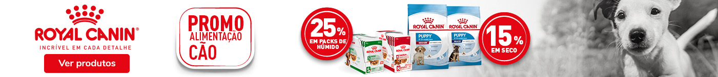 Royal Canin: 15% de desconto em ração e 25% de desconto em pack de 12 unidades de comida húmida para cães.