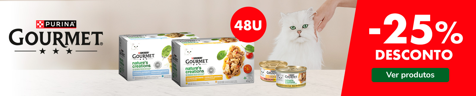 25% de desconto em pack de 48 unidades de comida húmida Gourmet para gatos.