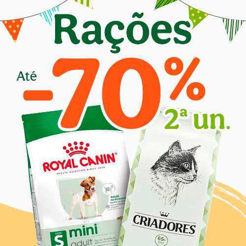 70% de desconto na 2.ª unidade em rações para animais de companhia.