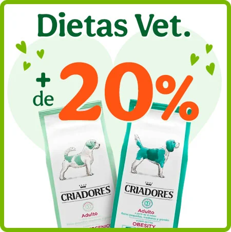 Criadores Dietas: 20% de desconto em ração e 20% de desconto em packs de alimento húmido para cão.