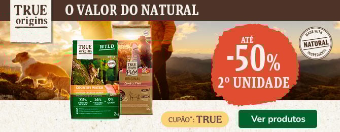 Até 50% de desconto na 2.ª unidade em packs de True Origins Wild+Pure para cães e gatos