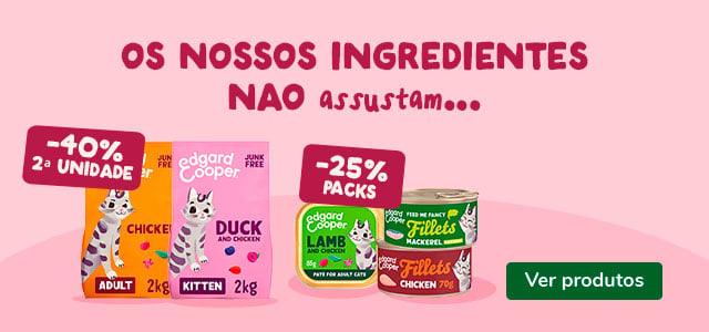 Até 40% de desconto na 2ª unidade numa seleção de ração e 25% de desconto em packs de alimento húmido da Edgard & Cooper para gato.