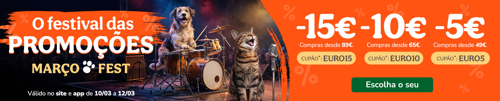 15&euro; de desconto em compras desde 89&euro; com o cup&atilde;o: EURO15 ou 10&euro; de desconto em compras desde 59&euro; com o cup&atilde;o: EURO10 ou 5&euro; de desconto em compras desde 49&euro; com o cup&atilde;o: EURO5
