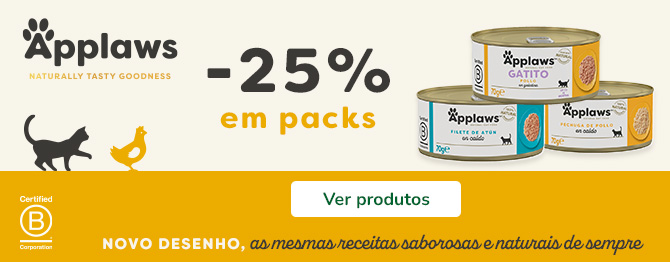 25% de desconto em packs de comida húmida para gato da Applaws. Alimentação natural e saborosa para o seu animal.