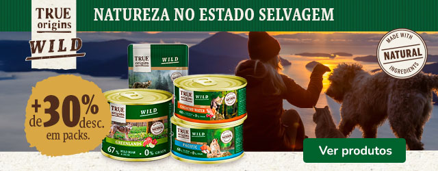 Promoção True Origins Wild para cães e gatos: mais de 30% de desconto em packs de 12 e 24 latas de comida húmida.