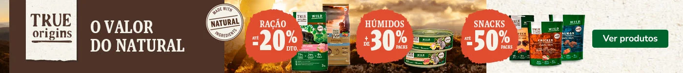 True Origins: Até 20% de desconto em ração, +30% de desconto em packs de húmidos e até 50% de desconto em snacks para o seu patudo.