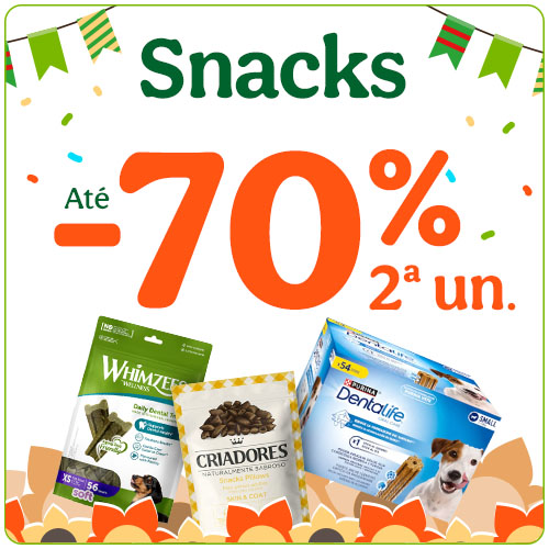 Até 70% de desconto na 2.ª unidade de snacks para cães.