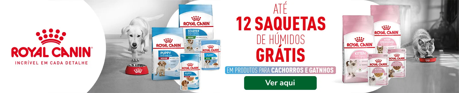 Receba até 12 unidades de comida húmida como promoção na compra de ração Royal Canin para cães e gatos
