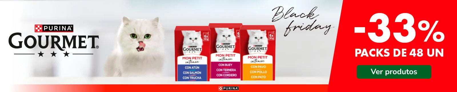 Purina Gourmet: 33% de desconto em packs de 48 unidades de alimento húmido para gato.