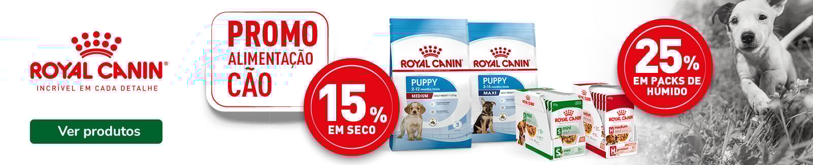 Royal Canin: 15% de desconto em ração e 25% de desconto em pack de 12 unidades de comida húmida para cães.