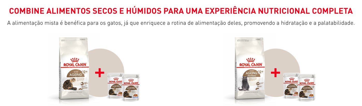 Combine ração seca e alimentação húmida para dar ao seu gato uma experiência nutricional completa, favorecendo a hidratação e a palatabilidade.