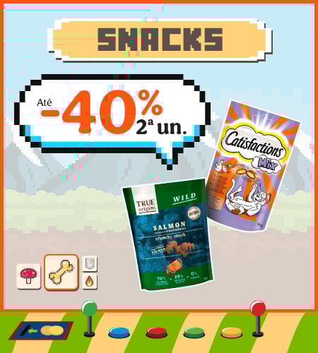 Até 40% de desconto na 2ª unidade em snacks para gatos.