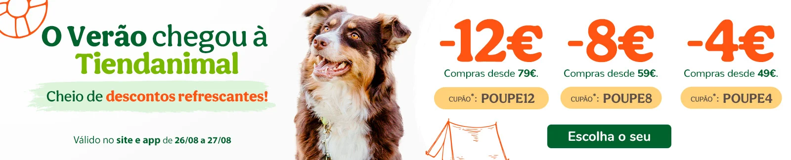 12€, 8€ ou 4€ de desconto em compras de alimentação, acessórios e higiene com os cupões: POUPE12, POUPE8, POUPE4