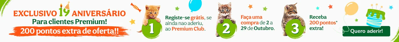 Aniversário Tiendanimal: torne-se cliente premium e receba 200 pontos extra na sua compra.