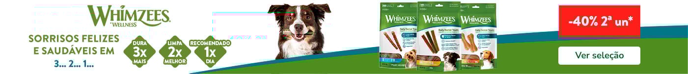 Whimzees: 40% de desconto na 2ª unidade de snacks para cão.