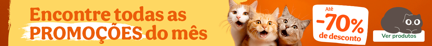 Promoções para gatos com até 70% de desconto em alimentação, snacks e acessórios.