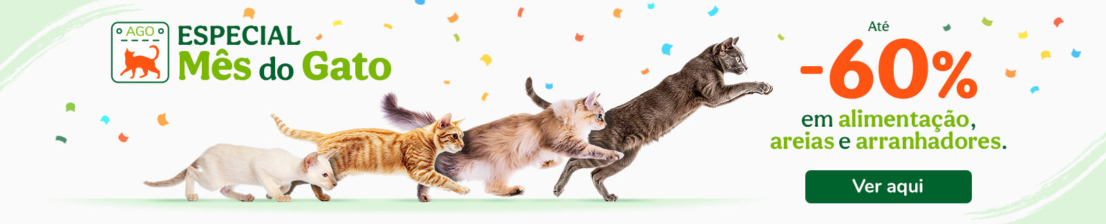 Mês do Gato: até 50% de desconto em alimentação, areia e arranhadores para gatos.