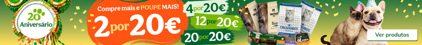 Promoções especiais do 20º aniversário em ração e alimentação húmida para o seu animal.