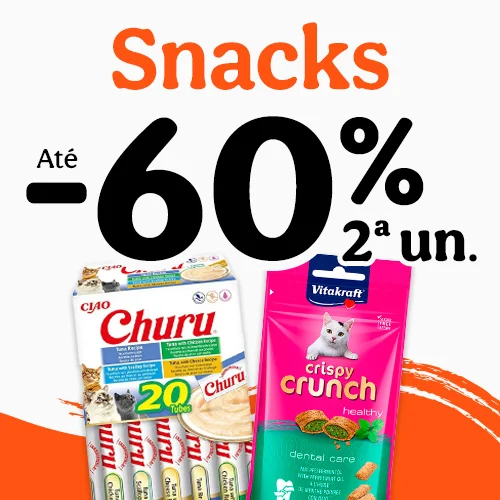 Até 60% de desconto na 2ª unidade de snacks para o seu patudo.