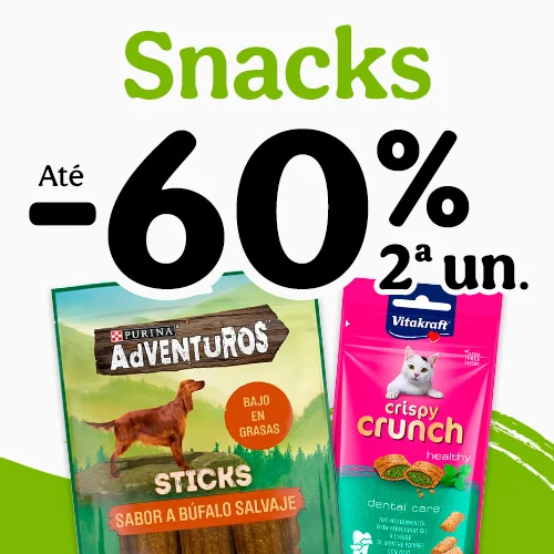 Até 60% de desconto na 2ª unidade de snacks para o seu patudo.