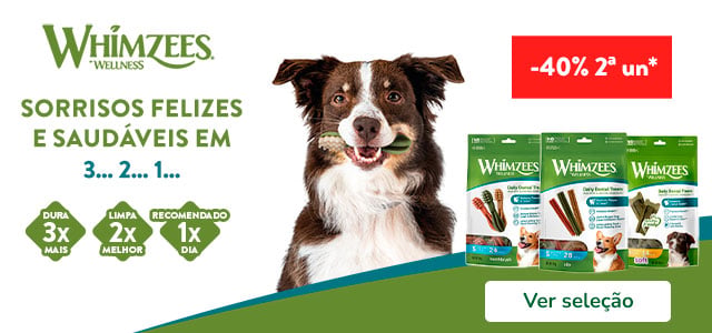 Whimzees: 40% de desconto na 2.ª unidade de snacks para cães.