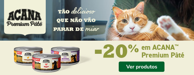 Promoção Acana para gatos: 20% de desconto na compra de packs de 24 unidades de alimento húmido.