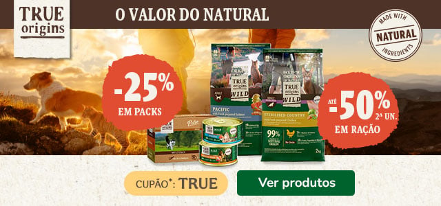 True Origins: Até 50% de desconto na 2.ª unidade de ração e 25% de desconto em packs de alimento húmido para gatos.