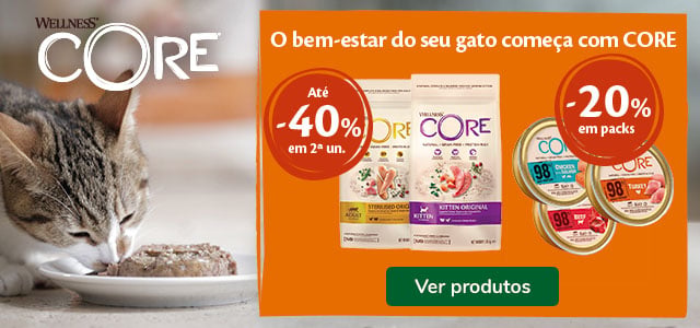 Até 40% de desconto na 2ª unidade numa seleção de ração e 20% de desconto em packs de alimento húmido para gato da Wellness Core.